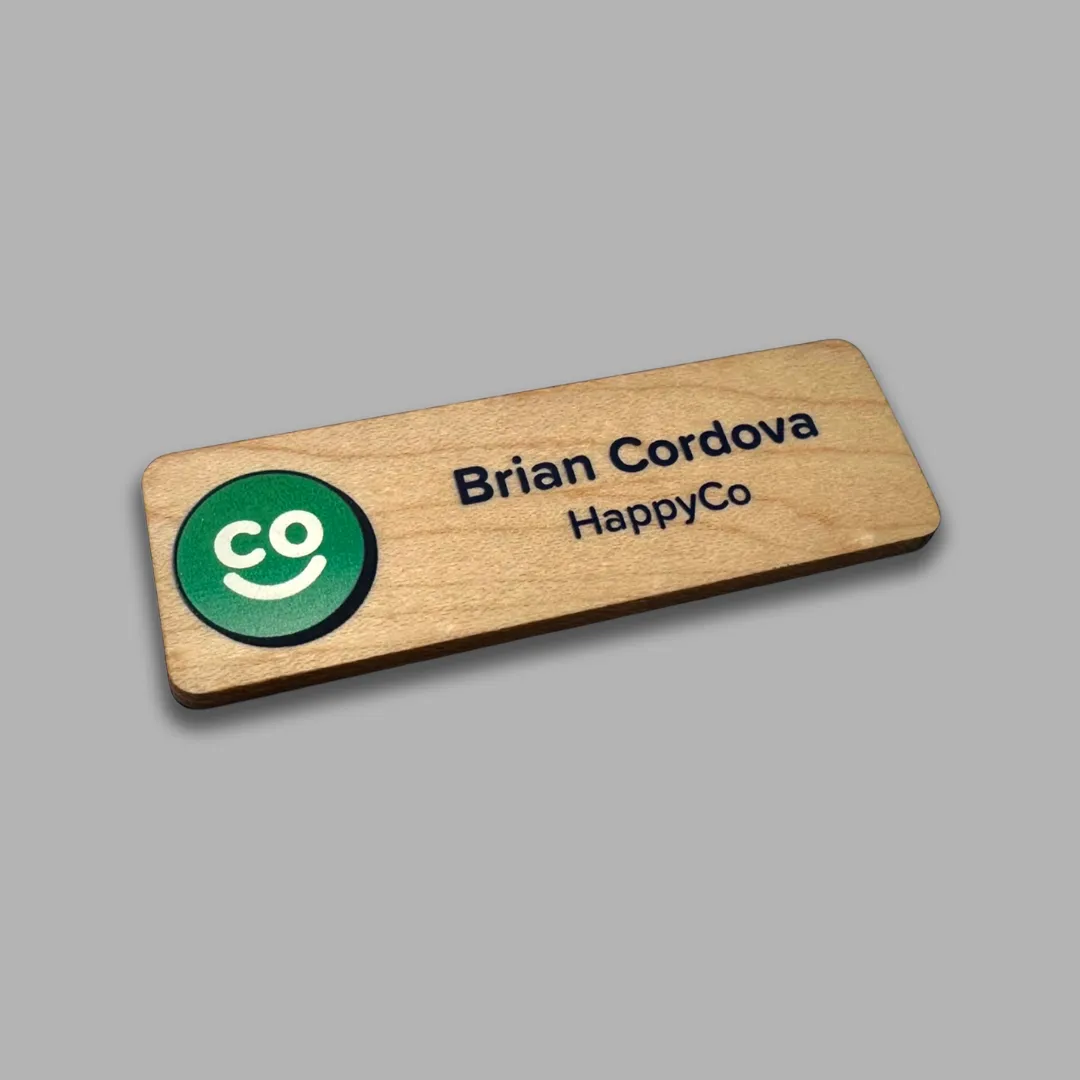 Custom full color wooden name badges printing in Dubai, Abu Dhabi, Ajman, Sharjah UAE