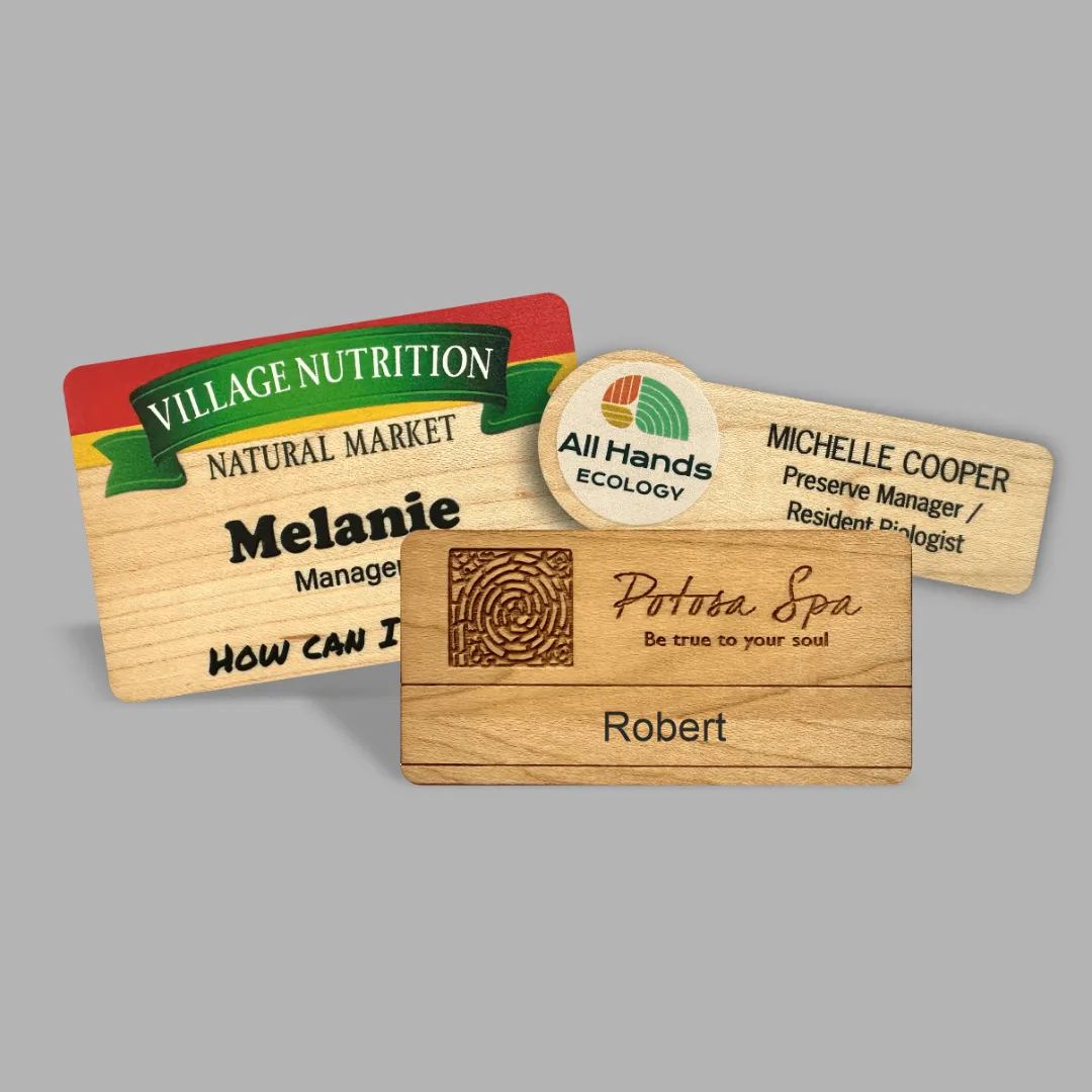 Custom full color wooden name badges printing in Dubai, Abu Dhabi, Ajman, Sharjah UAE