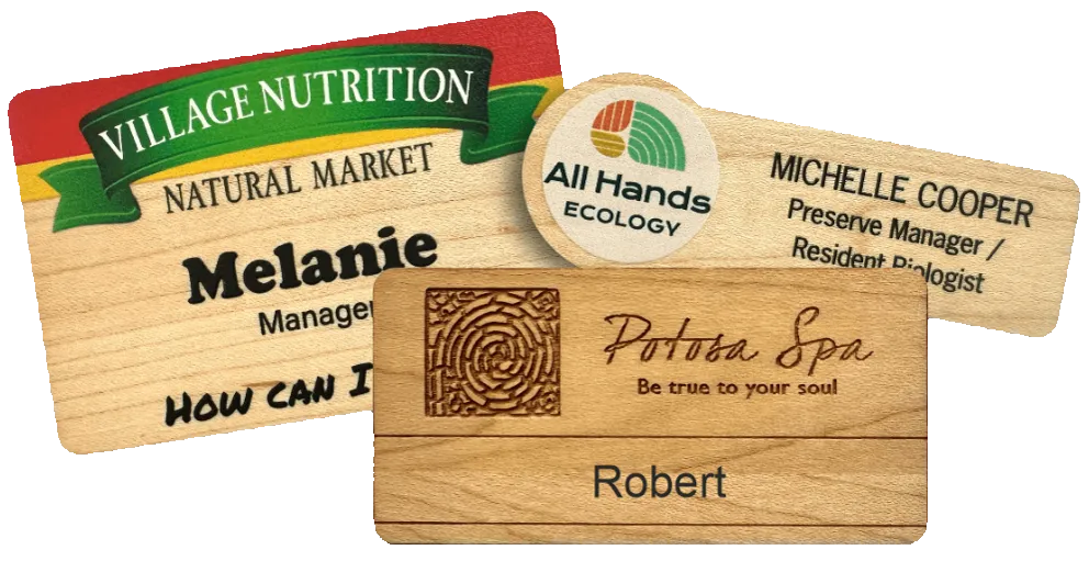 Custom full color wooden name badges printing in Dubai, Abu Dhabi, Ajman, Sharjah UAE